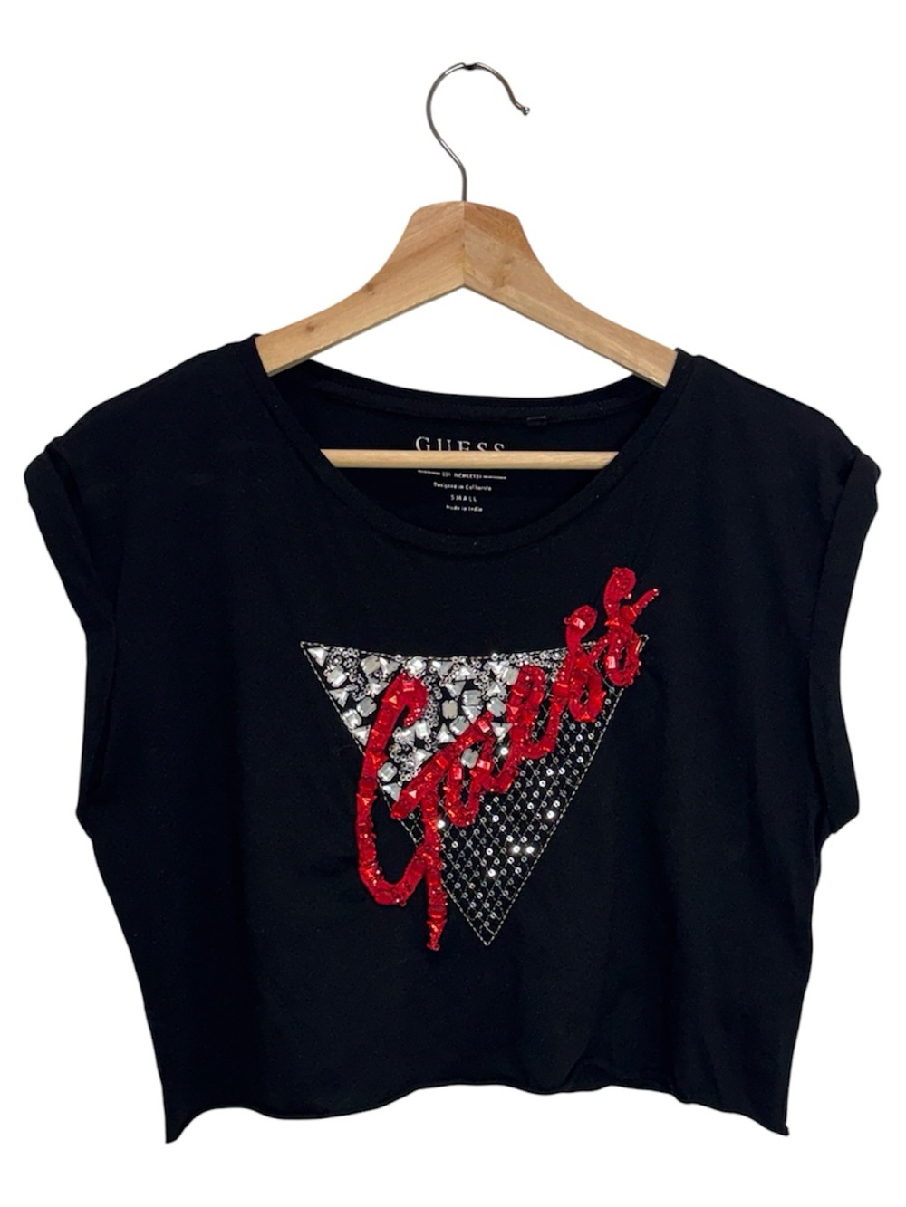 GUESS Los Angeles Sequin Logo Crop Tee Black Red Glam Y2K Graphic Top Small